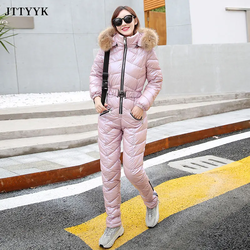 JTTYYK New Winter Women\'s Hooded Jumpsuits Parka Cotton Padded Warm Sashes Ski Suit Straight Zipper One Piece Casual Tracksuits