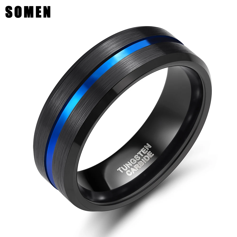 Somen 8mm Blue Line Inlay Mens Black Tungsten Carbide Ring For Engagement Wedding Rings Jewelry Masonic Ring Bague Homme