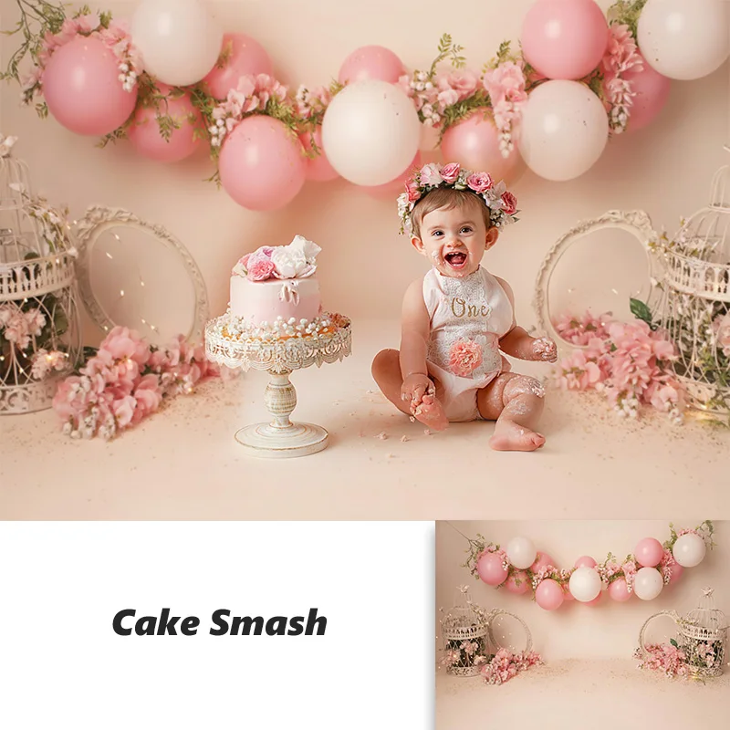 

Cake Smash Backdrop Photography Spring Florals Baby Shower 1st Birthday Background Newborn Pink Balloons Photo Studio Backdrops