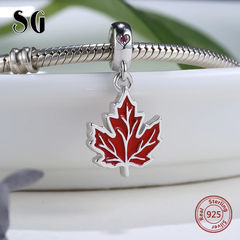 Sg 925 Sterling Silver Maple Leaf Charms with Red Enamel Canada Flag Charm Beads Diy Fit Original Bracelet for Women Gifts