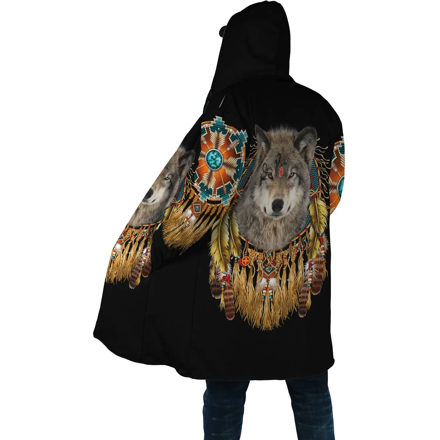 2021 Winter Mens cloak Beautiful Tribal Native Wolf 3D full Printing Thick Fleece Hooded Coat Unisex Casual Warm Cape coat DP15