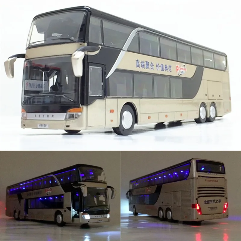 Autocarro de dois andares modelo de simulação, venda quente 1:50 modelo liga ônibus de viagem, som e luz puxar para trás brinquedos das crianças, frete grátis