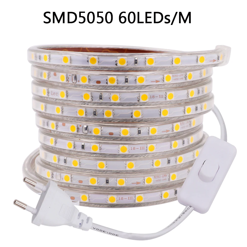 Wodoodporna 220V LED pasek światła za pomocą przełącznika wtyczka SMD5730 2835 5050 Super jasne Led taśma 276/240 diod/m na zewnątrz elastyczne