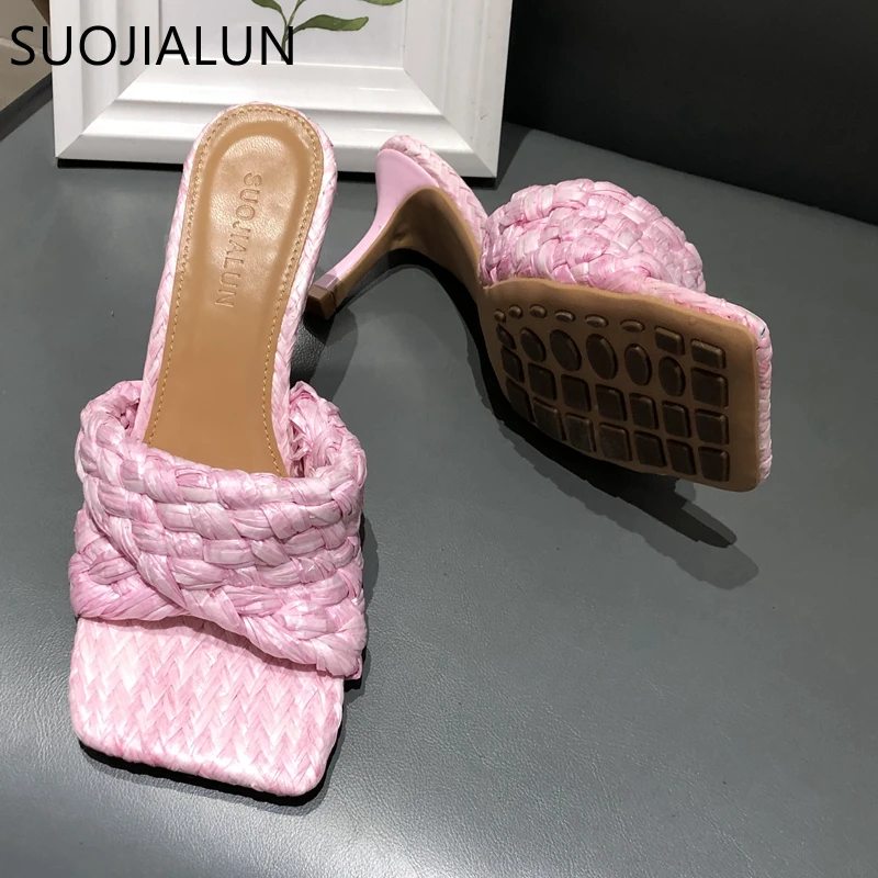 SUOJIALUN 2021 Fashion Brand Weave Women Slipper New Summer Ladies Slides Square Open Toe High Heel Mules Slip On  Sandal Shoes