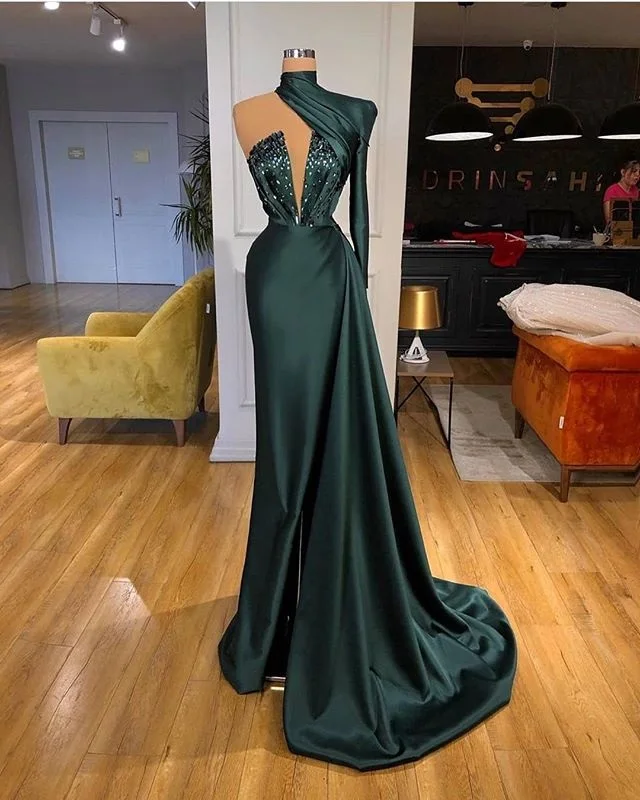 Robe de soirée de forme sirène, tenue de Cocktail, col haut, asymétrique épaule dénudée, drapée, vert foncé, tenue de bal, fendue