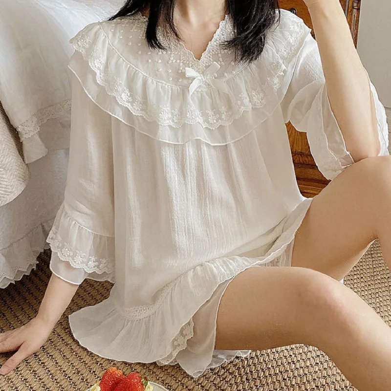 Fashion Casual White Cotton Shorts Pajamas Sets For Women Summer Loose Lovely Sleepwear Suits Thin Cool Homewear