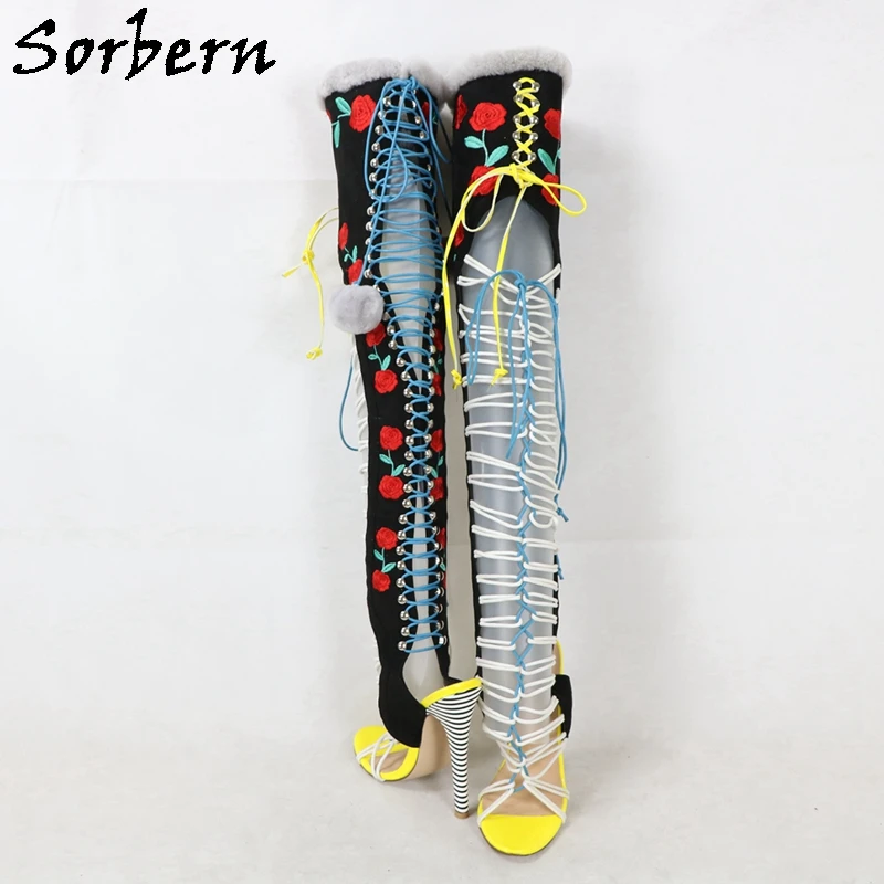 Sorbern Customized Mid Thigh Boots Women Pointed Toe Platform High Heel Fur Side Stilettos Embroidered Fetish Shoes Lace Up