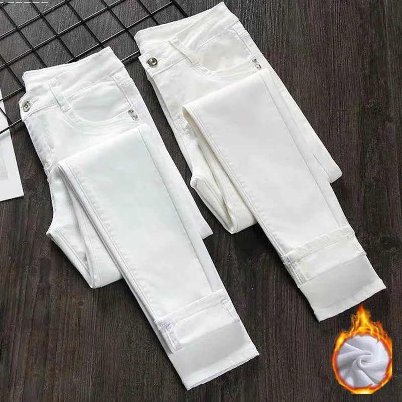 White Plus Velvet Jeans Women Autumn Winter 2022 New Spring Stretch Tights High Waist Pants Female Thin Nine-Point Pencil Pants