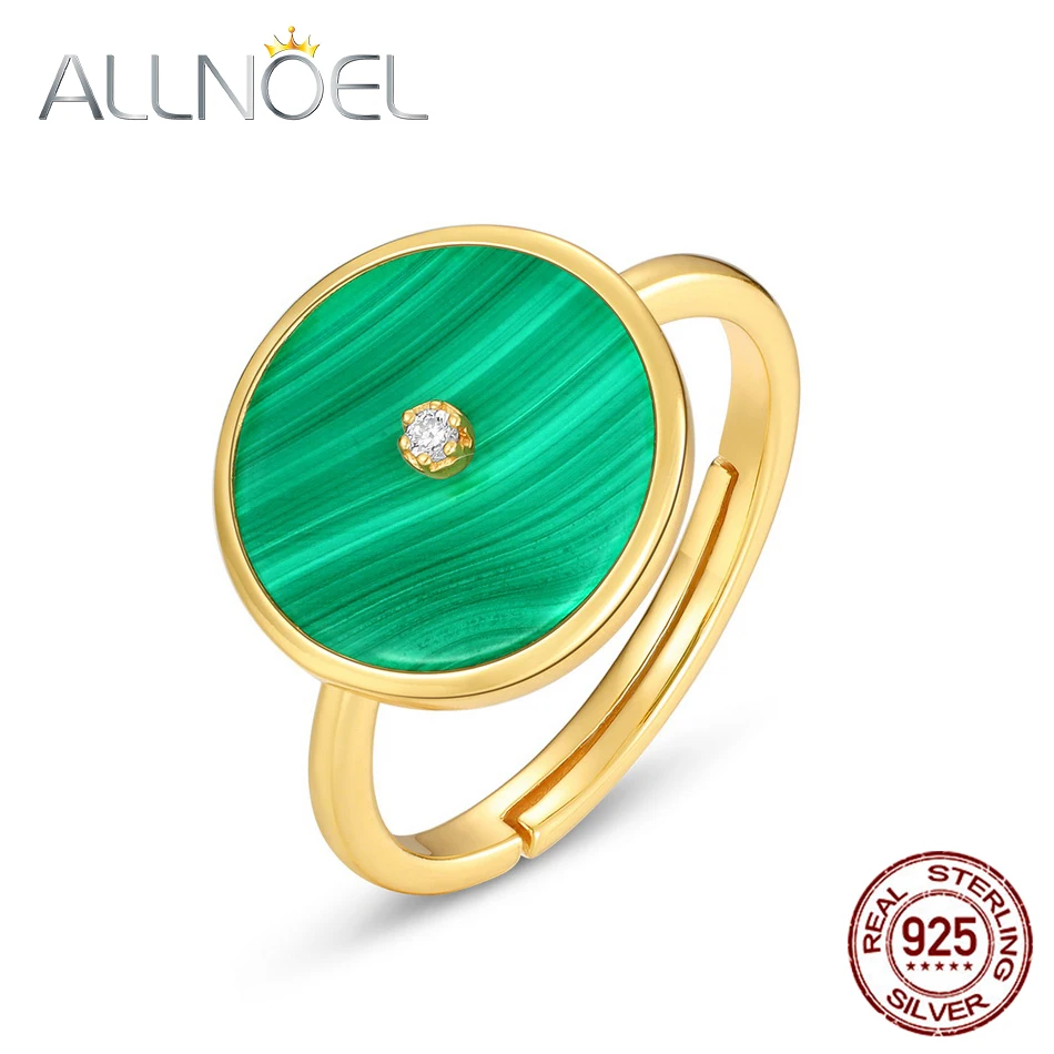 ALLNOEL Natural Malachite Adjustable Rings 925 Sterling Silver For Women 5A Zircon Gold Plated Classic Vintage Gift Fine Jewelry