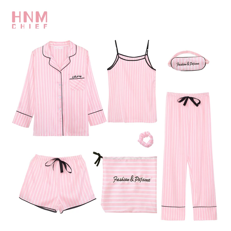 HNM Pink Stripe Print Pajamas Set Silk Satin Homewear Women\'s 7 Pieces Sleepwear Sets Pyjama Women Spring Summer Autumn