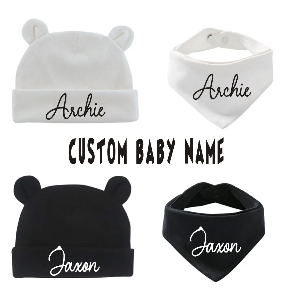 Personalised Baby Hat and Bib Set 100% Cotton Custom Any Name New Baby Gift Baby Shower Gift New Baby Sleepsuit Hat & Bib