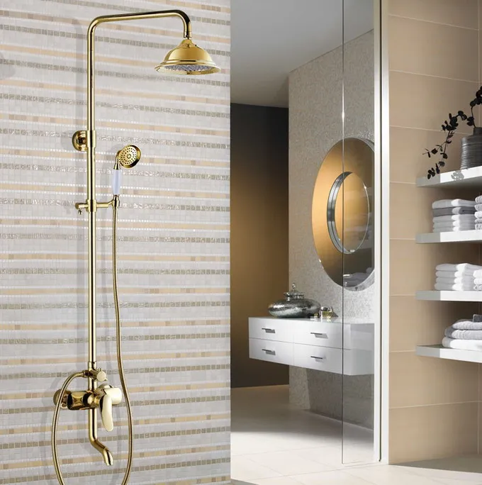 

Gold Color Brass Wall Mounted Bathroom 8 Inch Round Rainfall Shower Faucet Set Bath Tub Mixer Tap Hand Shower mgf313