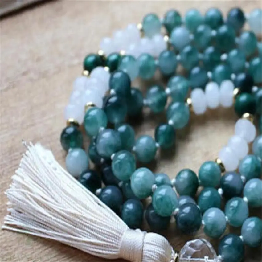 6mm Flower green jade White jade 108 Beads Mala Necklace spirituality yoga Chakas Handmade Lucky Healing fengshui Unisex energy