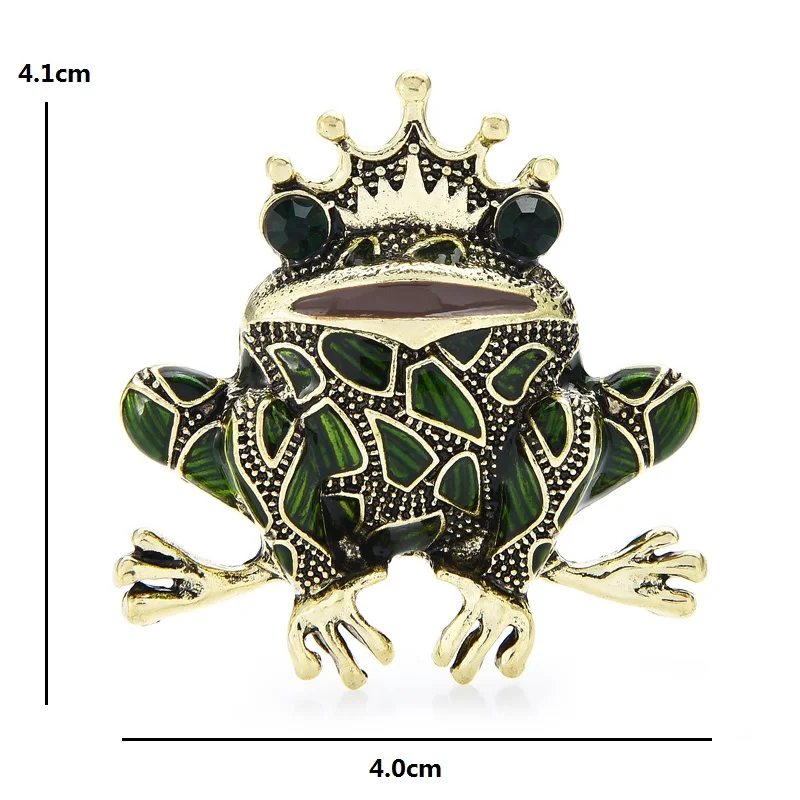 Wuli&baby Green Crown Frog Brooch Pins Prince Frog Enamel Brooches Animal Pin Gift New Design 2021