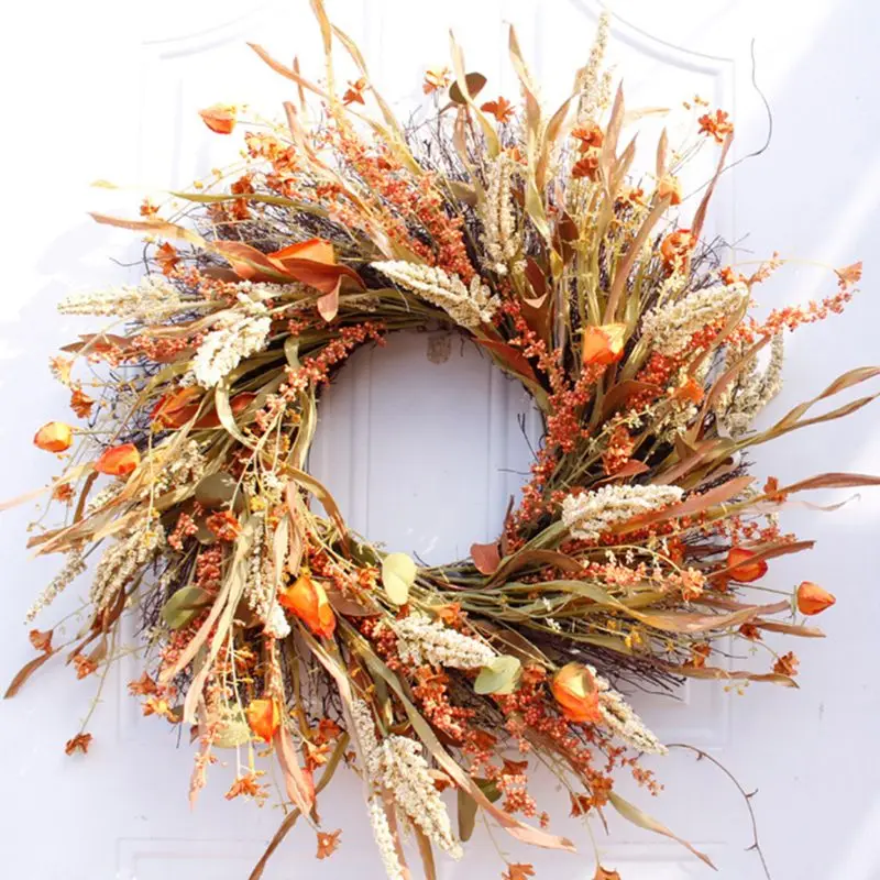 

24 Inch Fall Wreath Front Door Wreath Grain Wreath Harvest Gold Wheat Ears Circle Garland Autumn Wreath for Front Door Wedding