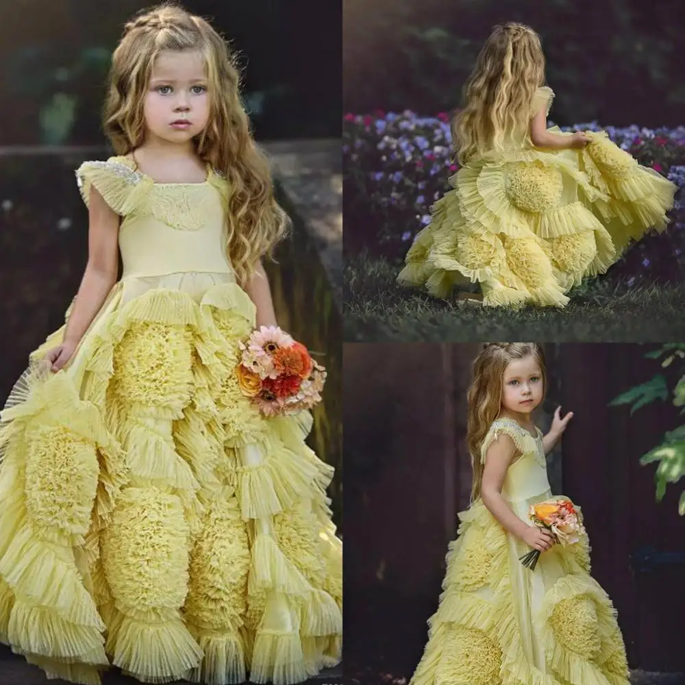 

New Boho Customized Flower Girl Dresses for Wedding Ankle Length Yellow Girls Pageant Gown Princess Birthday Dress