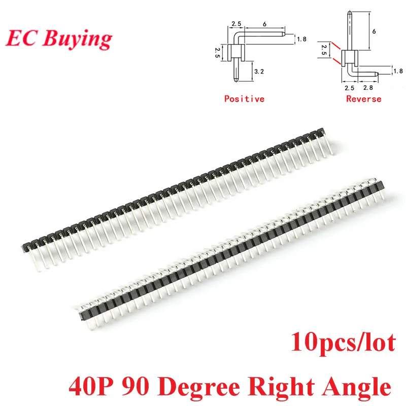 10pcs 2.54mm 1*40P 1X40P 90 Degree Right Angle Single Row Male Pin Header Positive/Reverse PCB Board Connector Pinheader 40Pin