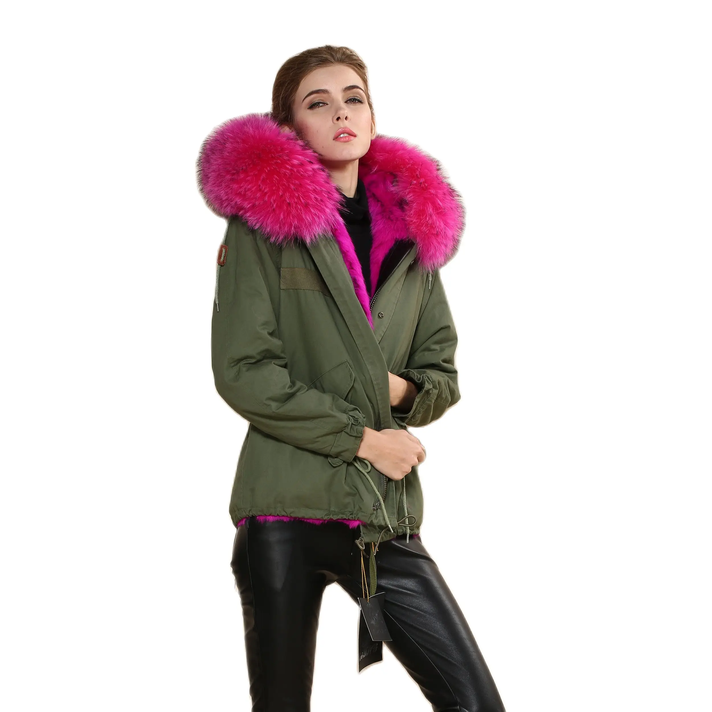 Newest Design Winter Ladies Parka With Rose Pink Removable Fur Collar Rose Pink Warm Thicken Rabbit Fur Coat