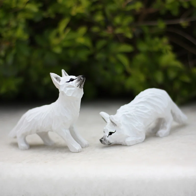 Fox wood carving ornaments solid wood handicrafts red white foxes home decor