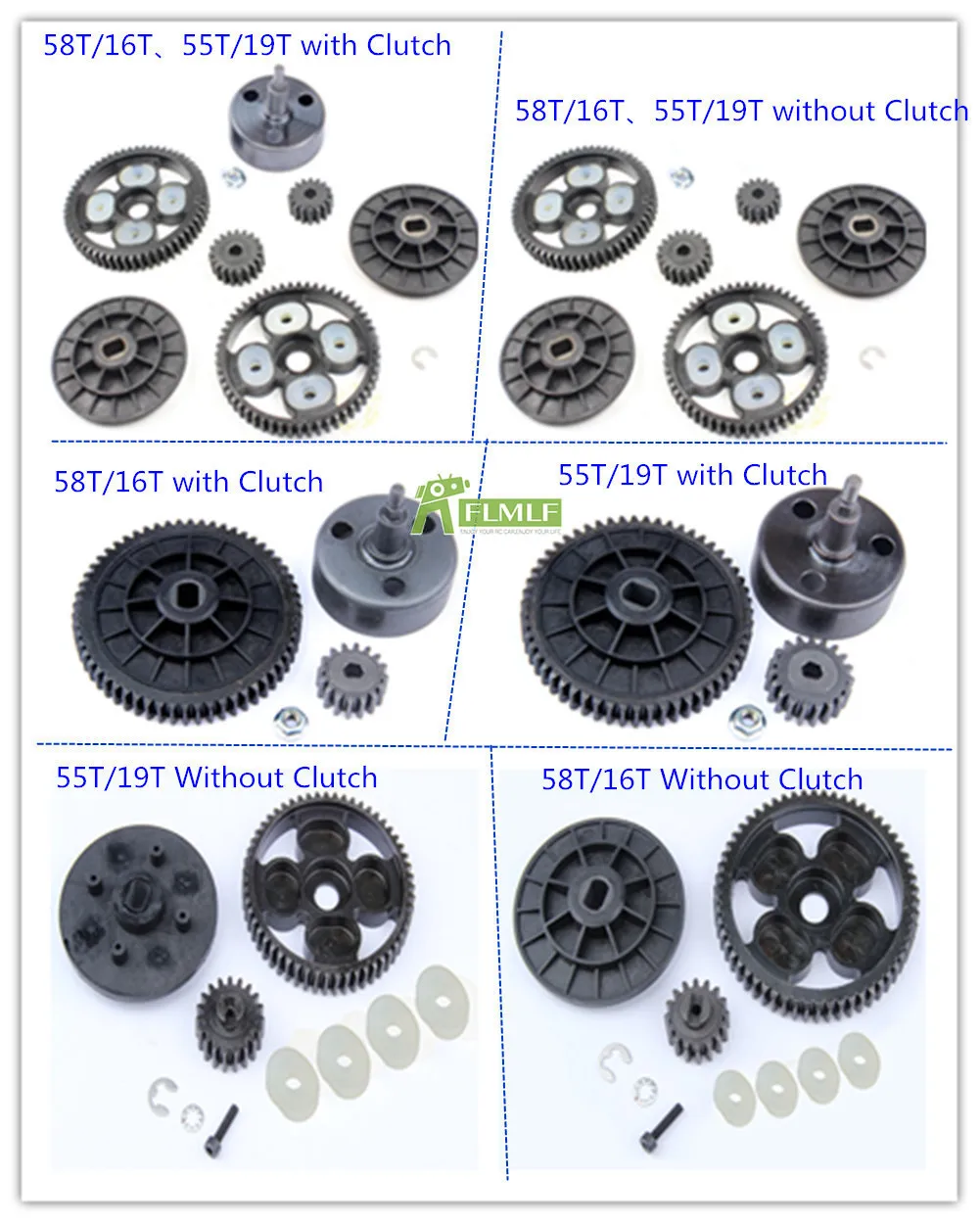 Metal Clutch Bell and 58T/16T and 55T/19T Metal Gear Set Fit for 1/5 HPI ROVAN KM BAJA 5B 5T 5SC