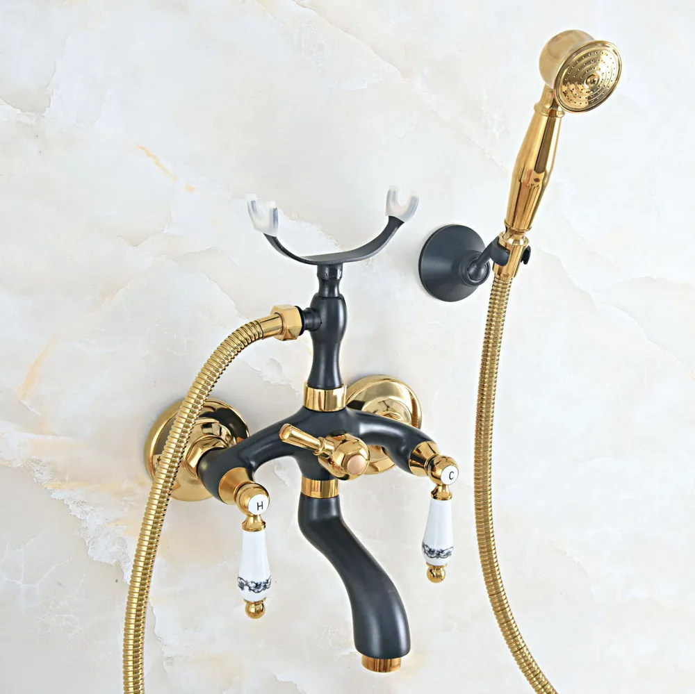 

Black Gold Brass Bathroom Tub Faucet W/Hand Shower Sprayer Clawfoot Mixer Tap Wall Mounted zna550