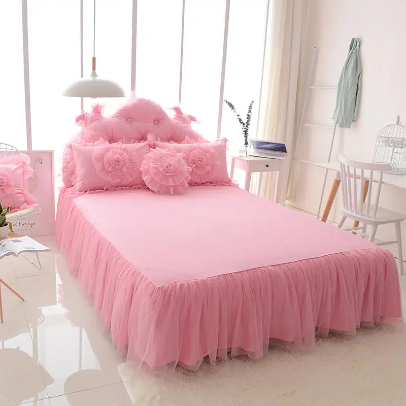 Imagem -04 - Grande Laço Flores Conjunto de Cama Luxo Coreano Princesa Casamento Cor Sólida Capa Edredão Colchas Cama Saia Fronhas Algodão Rosa