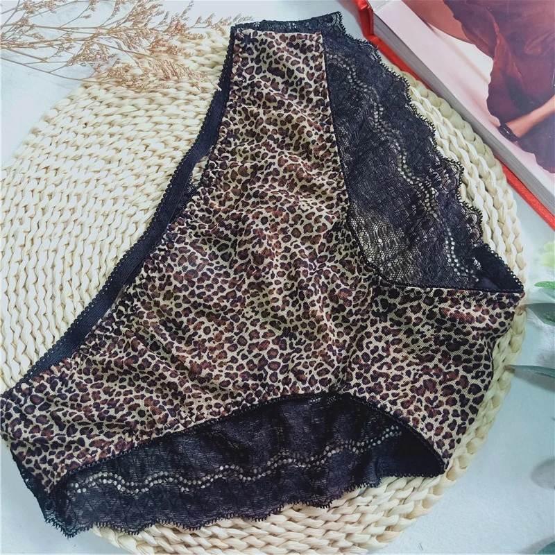 Sexy Leopard Print Lace Transparent Underwear Women Hollow Underwear Comfortable Cotton Crotch High Waist Size Women Soft Underw