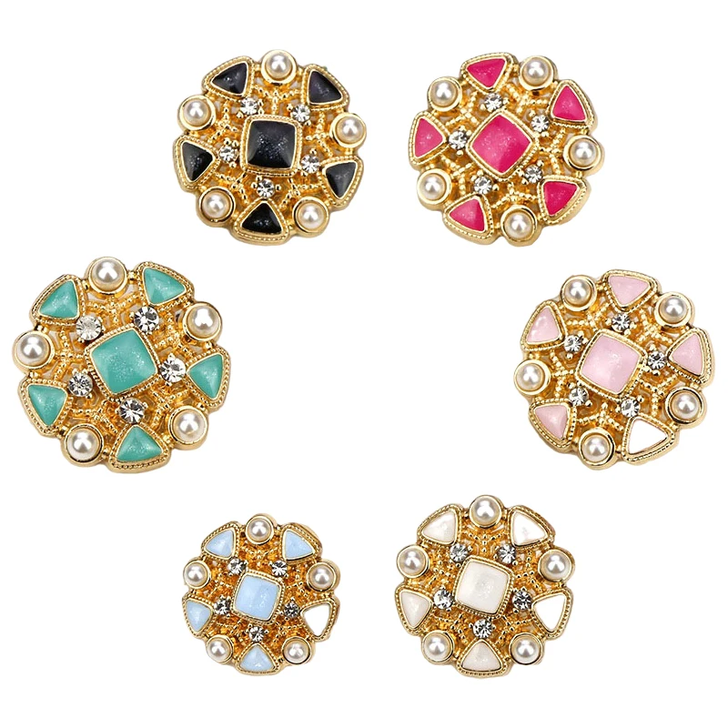 

5 pcs high-grade diamond pearl inlaid golden hand-sewn buttons windbreaker jacket beautiful coat 6colors decorative buttons M-01