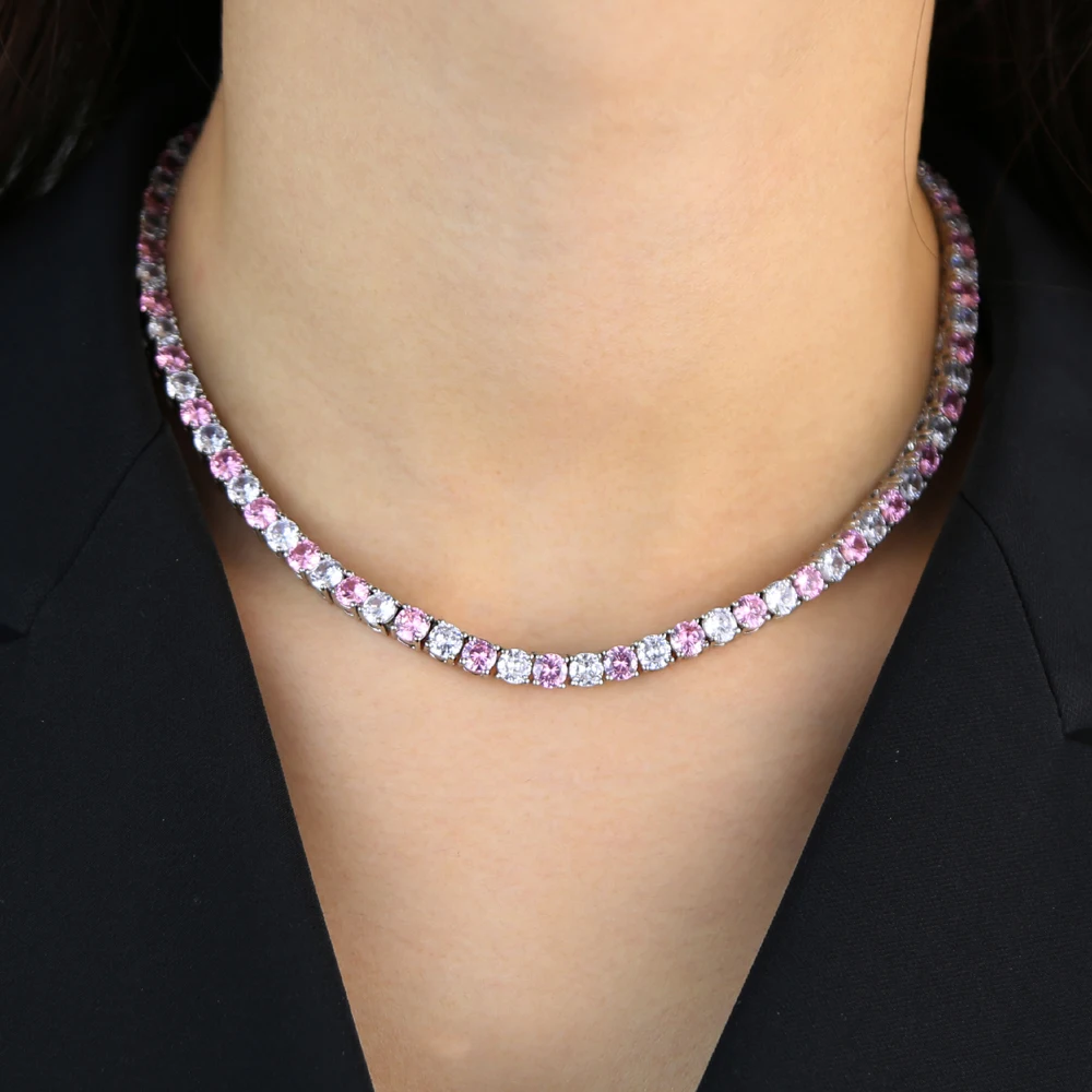 

Romantic Princess Pink White Chain Necklaces Ice Out Bling AAA Zircon Rose Gold Women Hip Hop Jewelry 2023