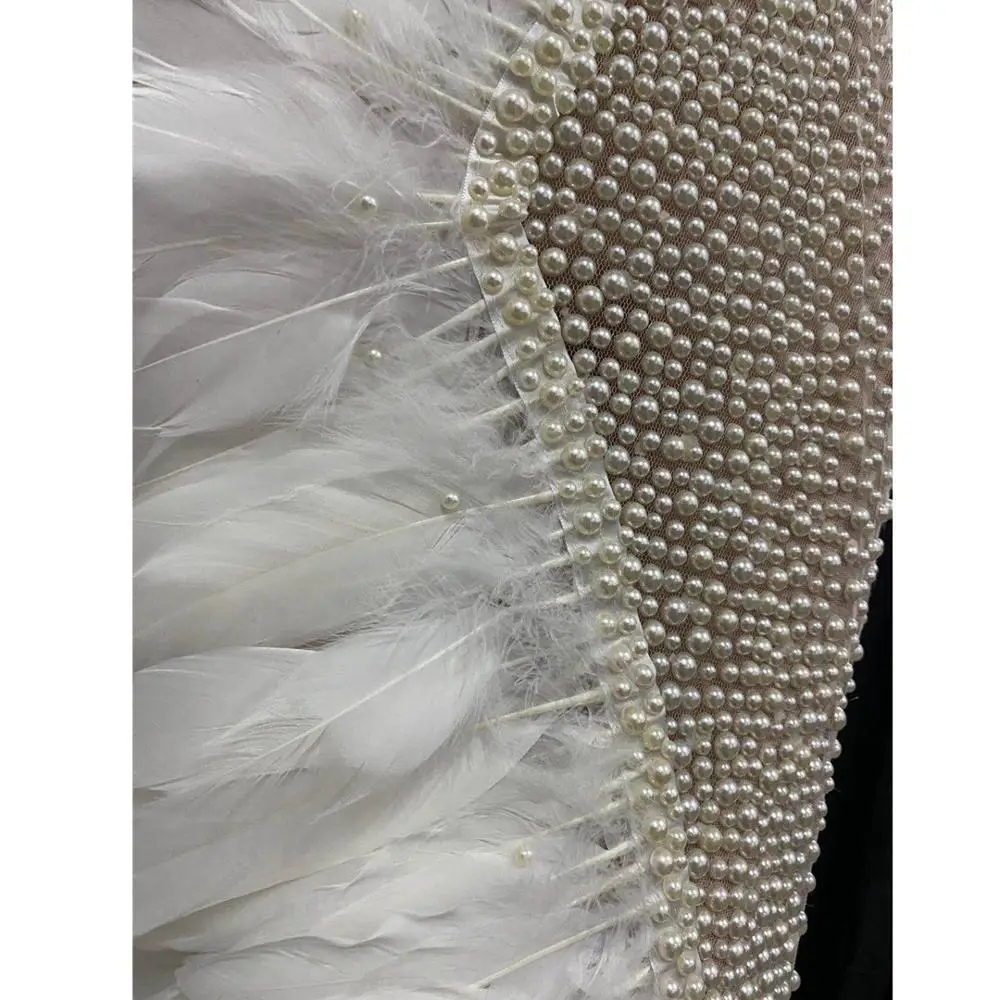 Elegant White Feather Mesh See Through Wedding Party Long Dress Women Sexy Prom Halter Rhinestone Dress Singer Stage Clothes