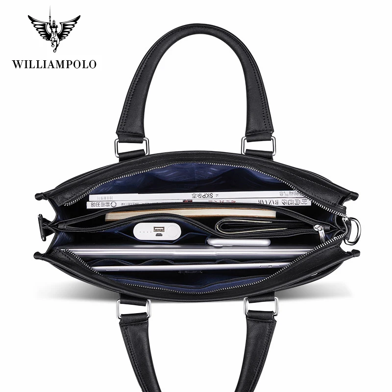 WILLIAMPOLO Men Briefcase Cow Leather Shoulder Bag Laptop  Messenger Bag Large Capacity Mens Handbag