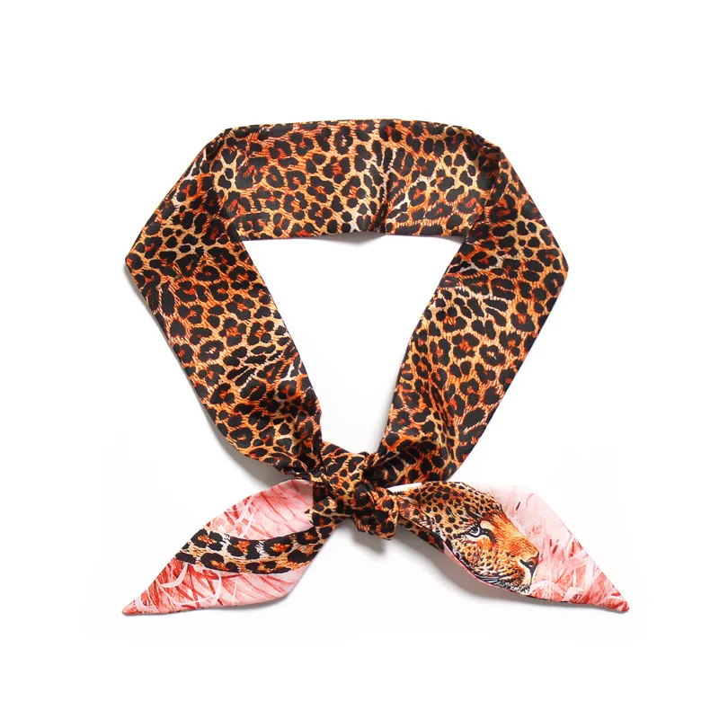 New Leopard Print Twill Handbags Small Silk Scarf For Women Multifunction Skinny Scarves Bag Handle Tied Ribbon шарф