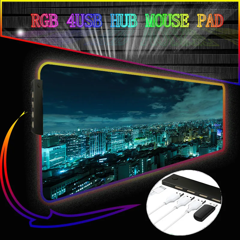 City Scenery LED Light Gaming Mouse Pad RGB 4 Port USB Hub Large Keyboard Rubber Base Computer Carpet Desk Mat PC Game MousePad