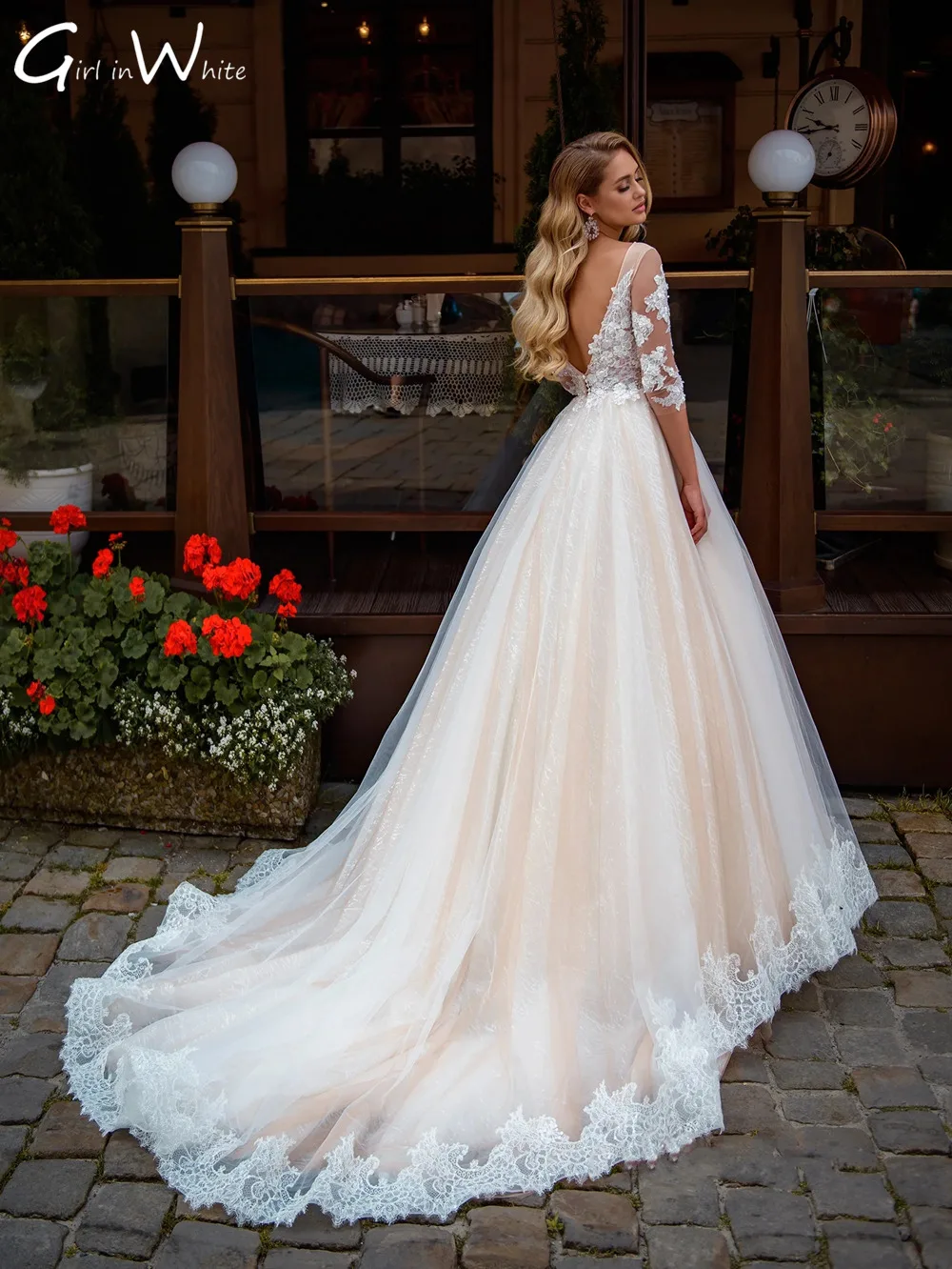 Robe De Soiree Drie Kwart Mouwen Trouwjurk Hals Kant Applicaties Backless Bridal Gewaad Bruid Gown Bruid Om