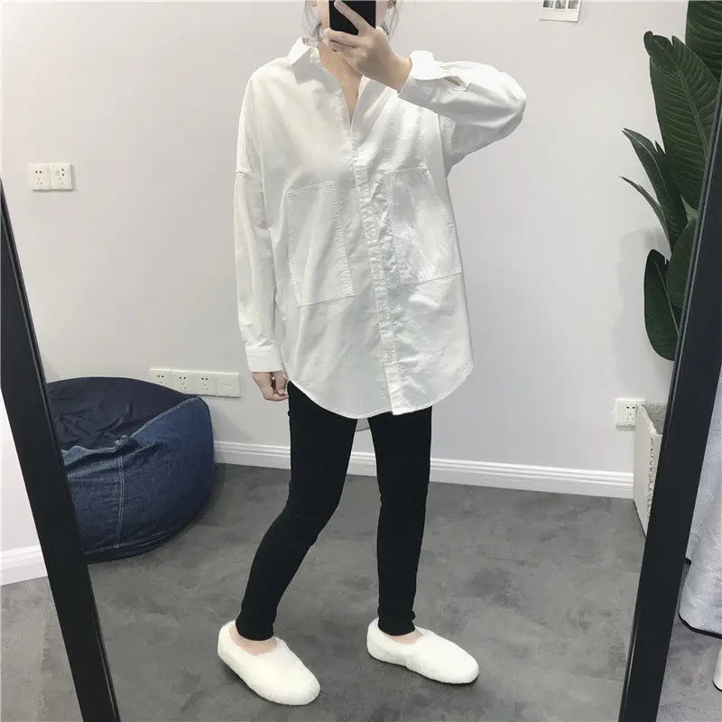 White Cotton Shirts Women 2021 Spring Female Casual New In Button Up Long Sleeve Big Pockets Large Size Oversize Loose Tops