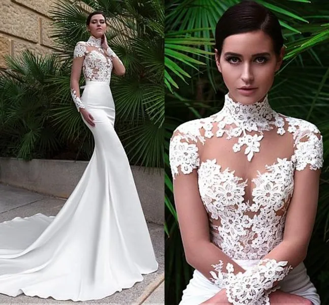 Abiti da sposa Vintage a sirena con collo alto 2024 con Appliques manica lunga Illusion Sexy vedere attraverso abiti da sposa corpetto