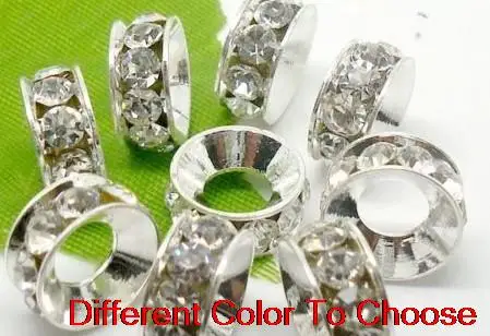

jfg53 10mm white mixed multicolor Rhinestone Crystal Rondelle Spacer Beads Lot silver Plated Big Hole European Beads