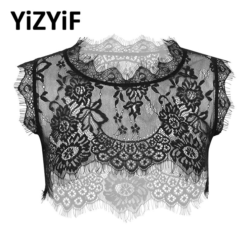 Womens See Through Sheer Lace Half Shirt Fake Collar Elegant Round Neck Short Sleeve/Sleeveless Scallop Eyelash Trimmed Collar