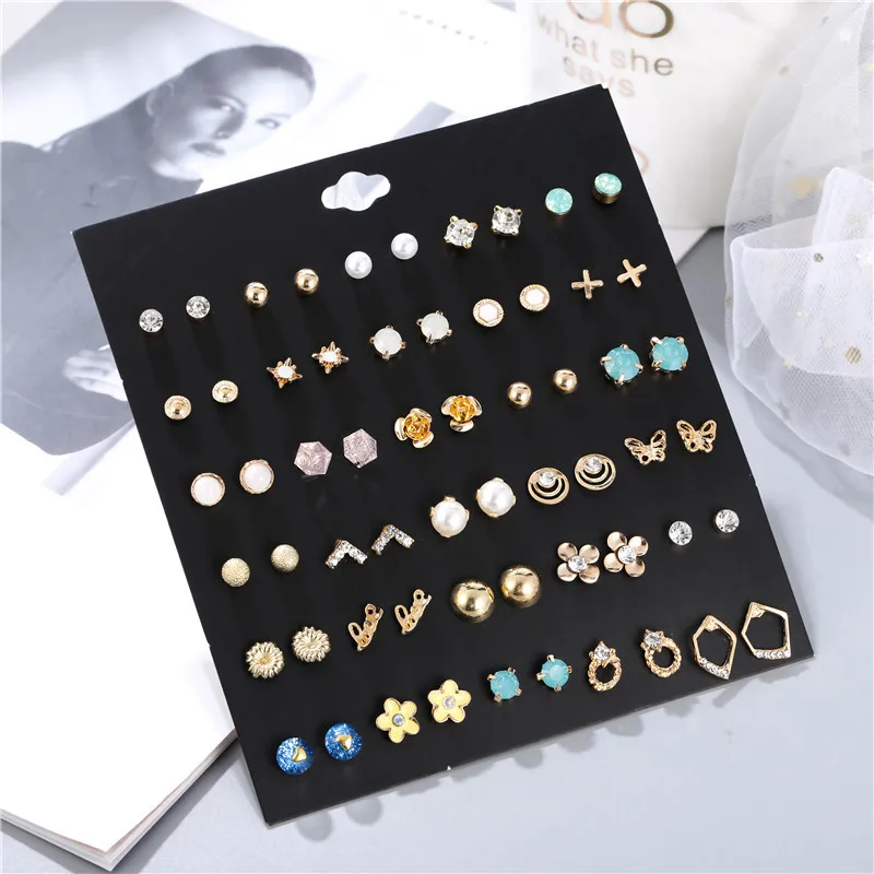 30Pairs Gold Silver Color Butterfly Bowknot Flower Small Ball Star Heart Stud Earrings Set For Women Girl Pearl Crystal Jewelry