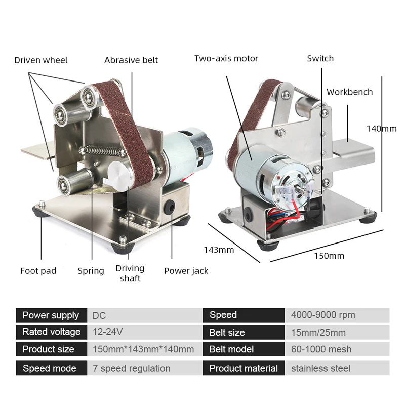 110V/220V Mini Electric Belt Sander Polishing Grinding Machine Cutter Edges Sharpener Multifunctional Grinder 7 Speed Adjustable