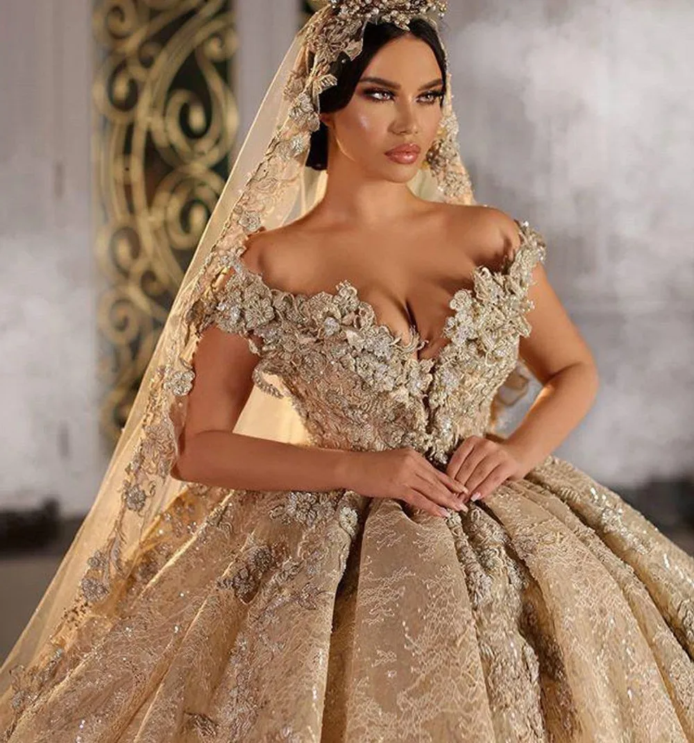 2022 Shinny Puffy Wedding Dresse Champagne Off Shoulder Luxury Beaded Saudi Arabian Dubai Bridal Gown Vestidos De Noiva