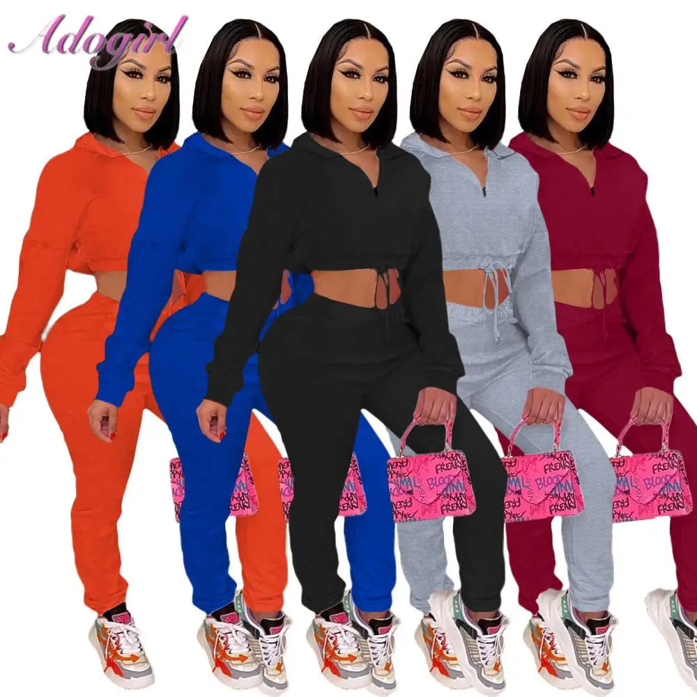 Fitness Autumn Jogging Two Piece Sets Solid Zippers Long Sleeve Crop Tops Sweatshirt Loose Pants Suit Workout Sporty Tracksuit