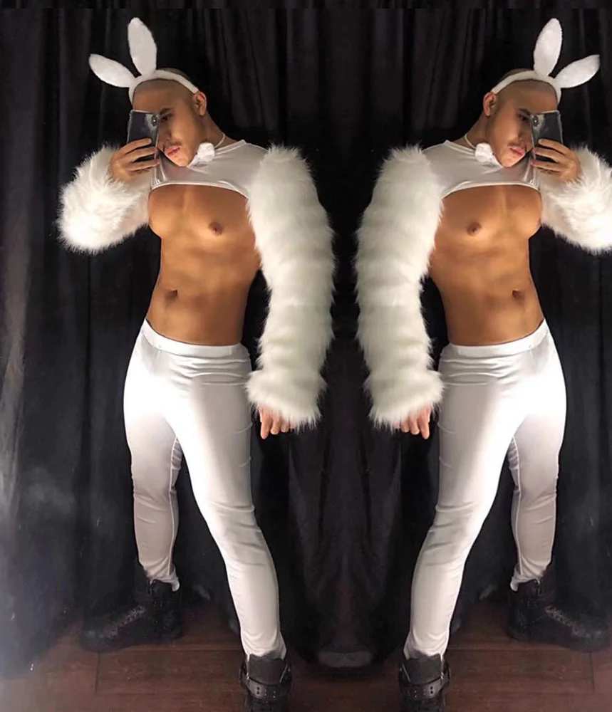 

Free delivery of new sexy white Christmas furry rabbit costume suit nightclub bar men and women ds fun party theme cosplay stage
