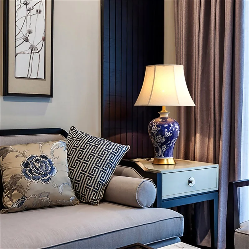 OURFENG LED Table Lamp Ceramic Copper Luxury Desk Light Fabric Bedside Decorative for Home Dining Room Bed Room Office