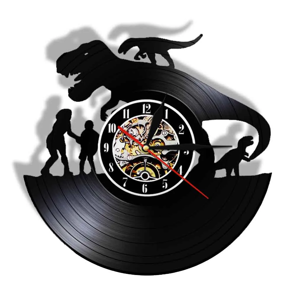 Animal World Movie Wall Clock Made Of Real Vinyl Record Dinosaur LED Magical Hanging Night Watches Wild Life Theme Gift For Him