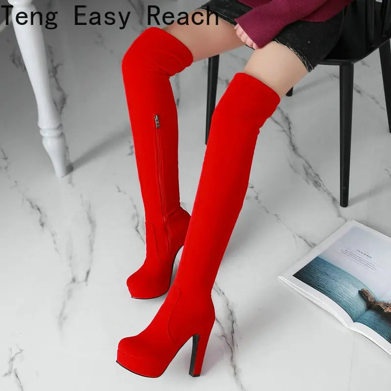 

Women Winter Plush Boots Flock Square High Heel Over The Knee Boots Platform Zipper Boots Autumn Winter Fashion Ladies Shoes 43