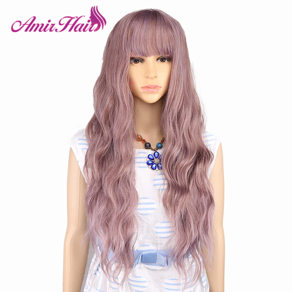 Amir Synthetic Long Purple Wig Womens Wigs with Bangs Water Wave Heat Resistant Curly Wigs for Women African American Cosplay