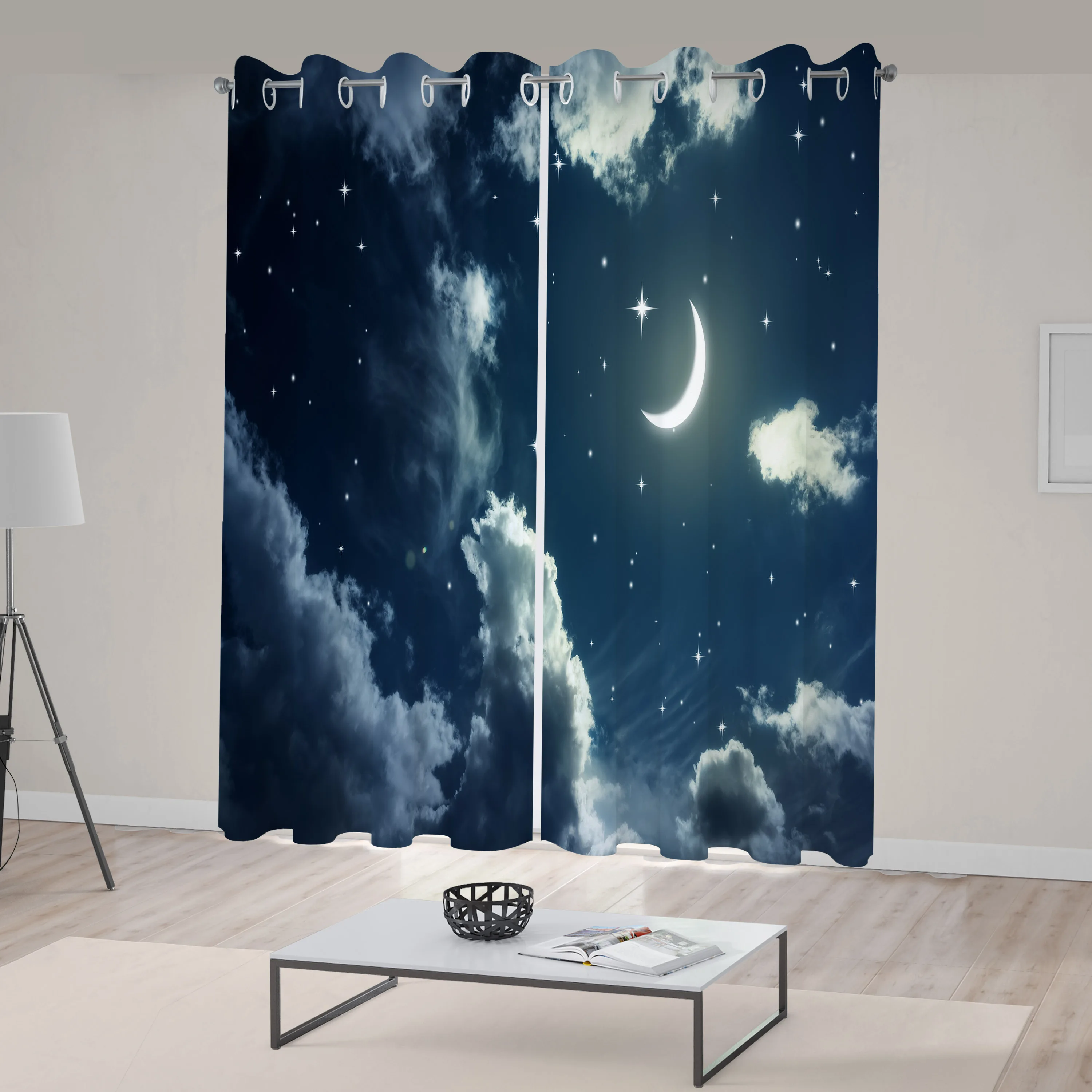 Star Curtains Crescent Moon and Stars on a Cloudy Starry Night Sky Moonlight Astronomy Theme Picture Living Room Bedroom Window