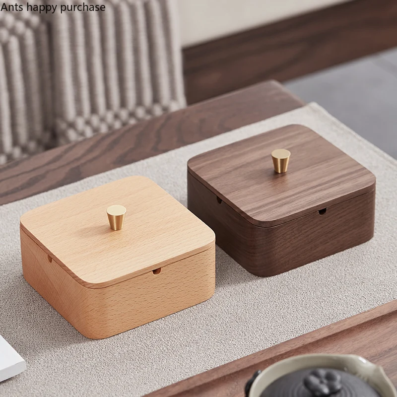 Stainless Steel Solid Wood Ashtray Square Ash Tray Decorative Ashtray with Lid Anti-fly Ash Metal Ashtrays Smoking Accessories