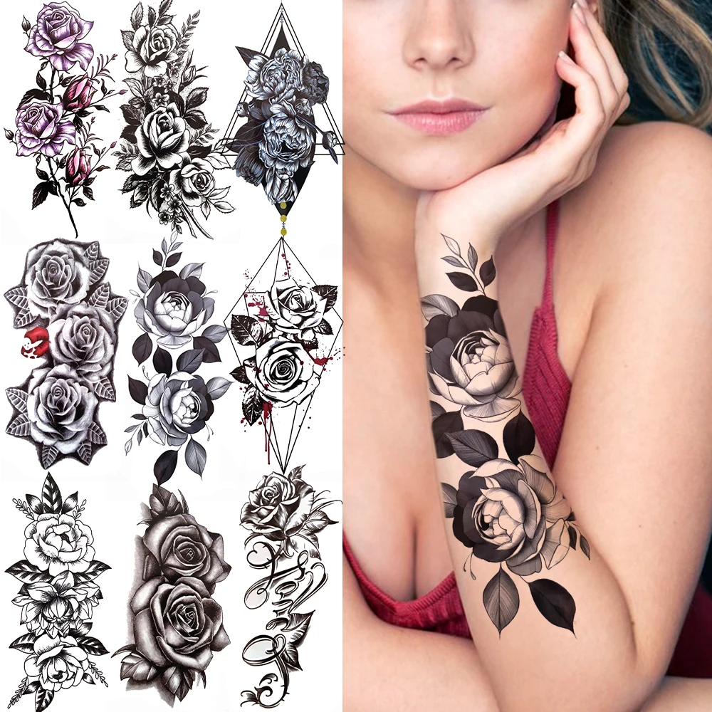 Fake Rose Flower Temporary Tattoos Dahlia Peony Black Tattoo Sticker For Women Girls Geometry Triangle Sexy Tatoo Paste Adults